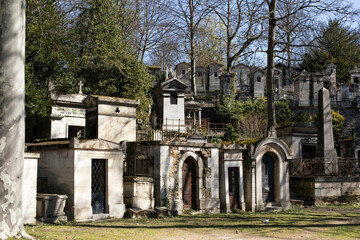 view of tombs and mausoleums in Pere Lachaise cemetery in Paris france