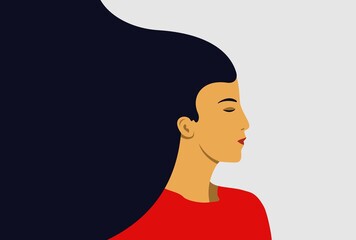 girl loosened her hair and closed her eyes, side view, beautiful asian woman, flat vector illustration