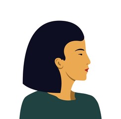 asian girl, woman portrait in profile isolated on white flat vector illustration