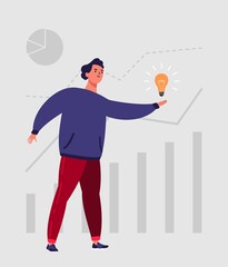 guy holding a lamp in his hand, idea for business concept, flat vector style