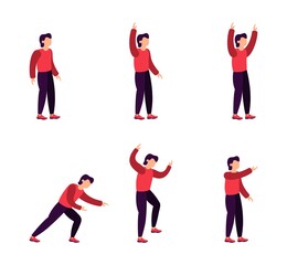 set of postures and gestures of a man, the guy stands with his hands up, isolated collection of male illustrations