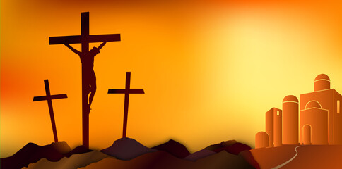 crucifix jesus silhouette illustration sunrise background church , orange theme