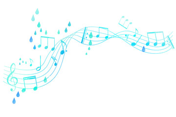 雨の日をイメージした五線譜のフレームイラスト　背景イラスト　音符、休符、音楽記号のイラスト	