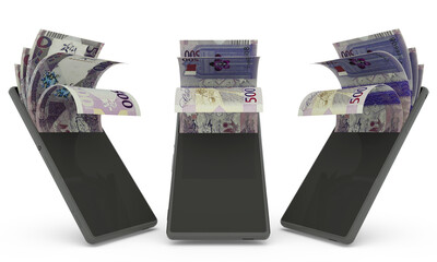 Qatari riyal notes inside a mobile phone. money coming out of mobile phone. 3d rendering of set of mobile money transaction concept. money from Phone