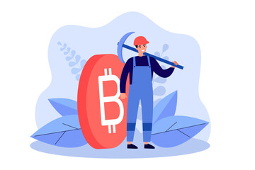 Tiny crypto miner standing with pickaxe in hand and bitcoin. Man mining cryptocurrency flat vector illustration. Digital money, wallet, finance concept for banner, website design or landing web page