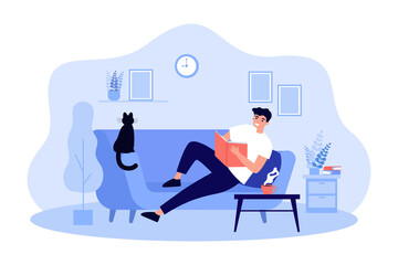 Man reading book at living room of home apartment. Happy person sitting on cozy sofa with cat and studying vector illustration. Rest, weekend concept for banner, website design or landing web page