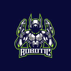 Robotic mascot logo design vector with modern illustration concept style for badge, emblem and t shirt printing. Robotic illustration with guns in hand.
