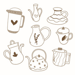 Teapot hand drawn collection in outline style