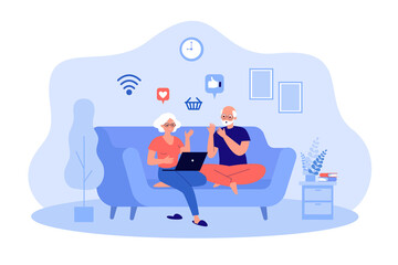 Grandparents using laptop for online communication and shopping. Old man and woman sitting on sofa flat vector illustration. Lifestyle, internet concept for banner, website design or landing web page