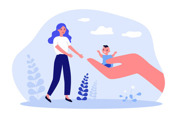 Hand giving tiny boy to mother, parent adopting son. Protection and support for child adopted by woman flat vector illustration. Adoption concept for banner, website design or landing web page