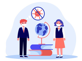 School pupils with mask protecting health from coronavirus. Tiny boy and girl standing near books and globe flat vector illustration. Safe study concept for banner, website design or landing web page
