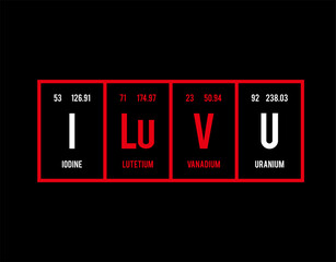 I Love You - Periodic Table of Elements on black background in vector illustration