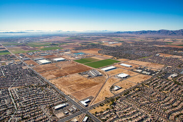 Aerial view in 2020 of Suprise, Arizona looking southwest from above Dysart Road and Waddell Road