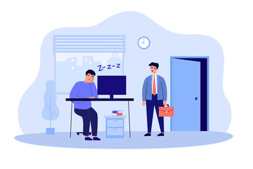 Tired exhausted employee sleeping on computer desk. Male boss standing near sleepy man in office flat vector illustration. Burnout, work break concept for banner, website design or landing web page