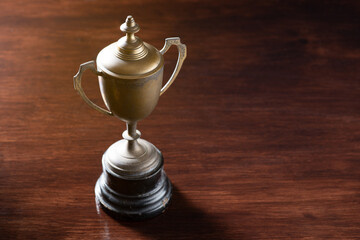 Vintage trophy placed on space of old wood background