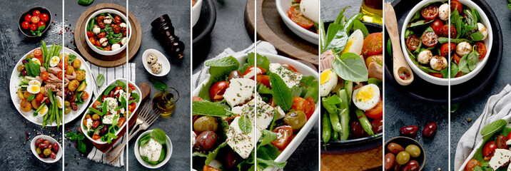 Collage of assorted salads .