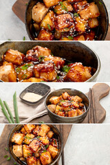 Collage made of traditional homemade fried tofu with sesame.