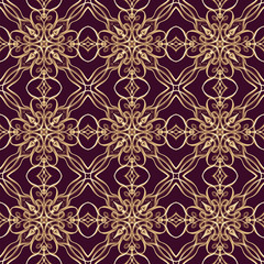 Fototapeta premium Seamless ornamental royal surface pattern in golden color with maroon background. Use for fashion design, clothing, fabrics, home decoration, bedding, wallpapers, invitations and greeting cards