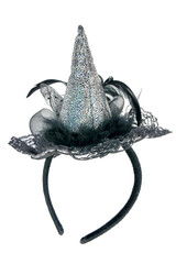 Witch hat headband isolated on white background. Black fancy halloween witch hat decoration with feather and lace cloth isolated