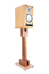 Open wood bookshelf speaker with handmade wood speaker stand isolated on white background. Wooden bookshelf loudspeaker on wooden speaker stand