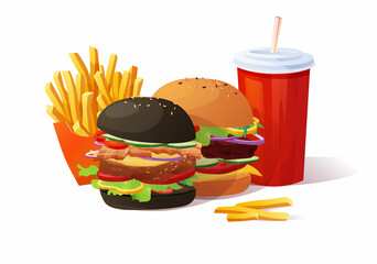 Delicious burger with tomato, cheese, cucumber, meat, onion, ketchup and salad. French fried potato in a red pack box. Soft drink cup. Fast food, junk. Bun with sesame. Cartoon vector illustration.