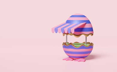 pink blue shop or store front, egg shape isolated on pink pastel background. Startup franchise business, online shopping concept, 3d illustration or 3d render