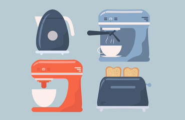 vector illustration in a flat style - a set of items of household kitchen appliances. toaster, electric kettle, mixer and coffee machine