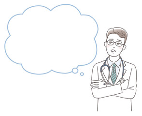 腕組みして考えている若い医者と吹き出し