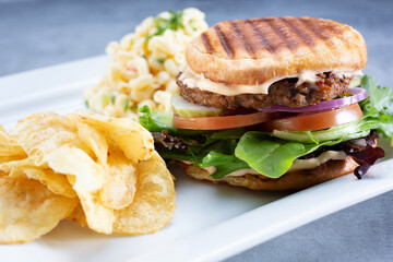 A view of a veggie patty burger, featuring, macaroni salad and potato chips on a plate.
