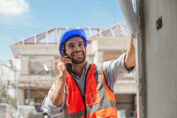 An expert young engineer speaks on the phone. Wears a blue helmet and an orange construction vest. Engineer working on construction site with sunny background