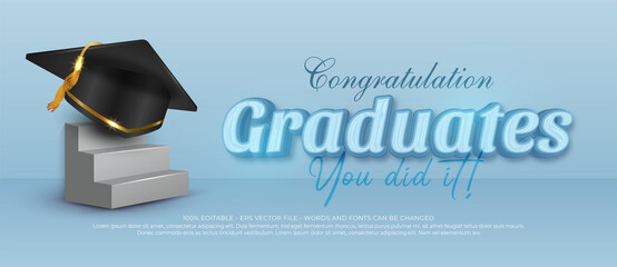 Realistic banner Graduation class of 2022 with a graduation cap on the stairs