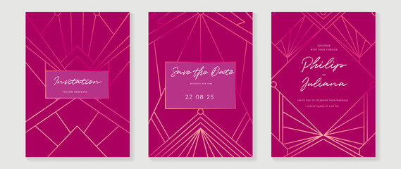 Set of wedding invitation template. Elegant art deco style design with abstract line and geometric pattern. Luxury pink card set perfect for banner, celebration, decoration, flyer, brochure.