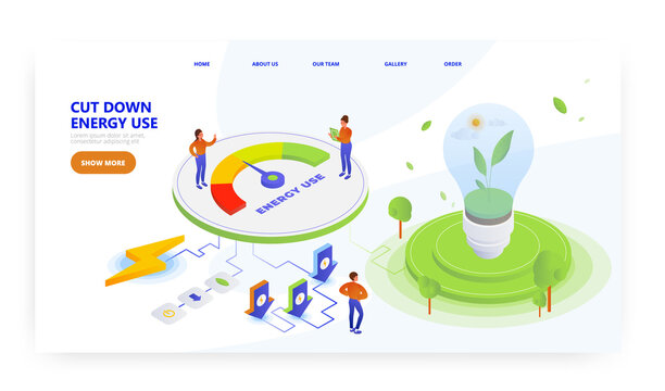 Save energy, landing page design, website banner vector template. Electric lamp with green sprout, electricity use meter