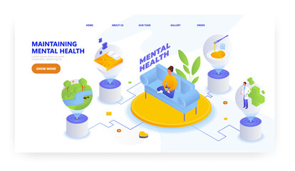 Maintaining mental health, landing page design, website banner vector template. Stress management and wellbeing.