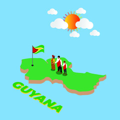 Obraz premium Guyanese family in national dress standing on Guyana map with topographic details isometric 3d vector illustration concept for banner, website, illustration, landing page, template, etc