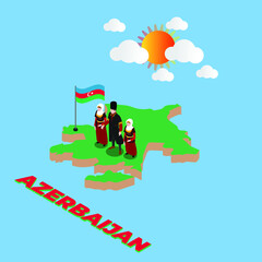 Azerbaijanis family in national dress standing on Azerbaijan map with topographic details isometric 3d vector illustration concept for banner, website, illustration, landing page, template, etc
