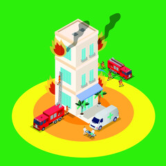 Emergency - Firemen extinguish building on fire isometric 3d vector illustration concept for banner, website, illustration, landing page, template, etc