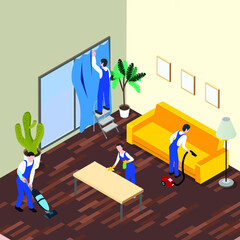 Professional workers in uniform cleaning living room isometric 3d vector illustration concept for banner, website, illustration, landing page, template, etc