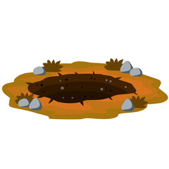 Big hole in ground. Brown dry soil and mine. Element of desert landscape. Cartoon illustration