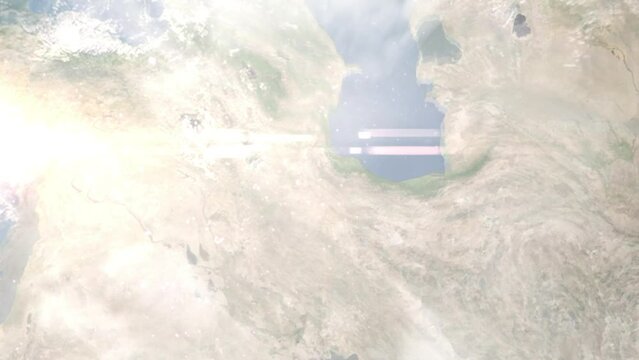 Earth zoom in from outer space to city. Zooming on Zanjan, Iran. The animation continues by zoom out through clouds and atmosphere into space. Images from NASA