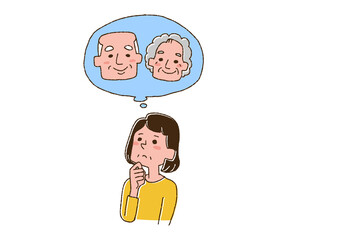 年老いた両親の介護を考える中年女性　コミカルな手書きの人物　ベクター、線画にカラー