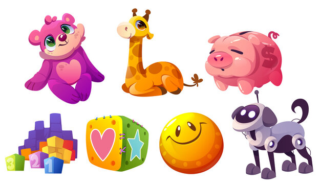 Kids toys, plush animals, ball, blocks, piggy bank and dog robot. Vector cartoon set of cute soft bear and giraffe, pig money box, mechanical puppy and cubes for baby play