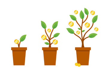 The process of growing money tree step by step. Vector conceptual illustration of money trees with golden coins for business, investment related design.

