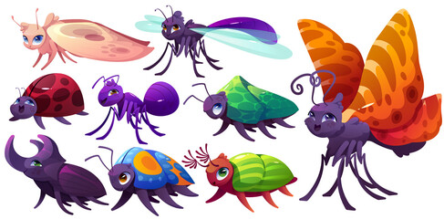 Cartoon insects characters mole, dragonfly, bedbug, butterfly, ladybug, ant, colorado and rhinoceros beetle. Funny wild creatures with smiling faces, mascot, kids design elements, isolated vector set