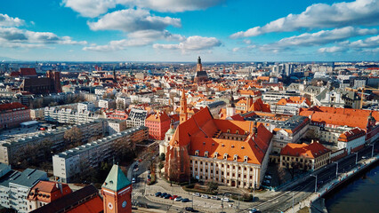 Fototapeta na wymiar Wroclaw panorama, aerial view. Cityscape of european city with modern architecture.