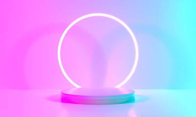 Product Stand blue pink violet neon abstract background, studio modern ultraviolet light, room pastel interior, Glowing podium, performance stage decorations, Stage for circle of light. 3d rendering