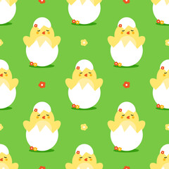 Vector seamless pattern background with cute baby chicken hatching from the egg.