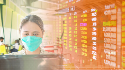 Businesswoman, Asian woman come out and sit in public Look at stock prices on data tables, charts, rising and falling prices, candle charts to make a profitable purchase decision.