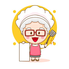 Cute chef grandma with blank board chibi hand drawn cartoon character