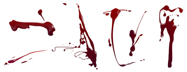 Splatters of blood, red paint or ink isolated on white background. Vector cartoon set of bloody splashes, stains and sprays with drops. Scary dirty spots of liquid drips